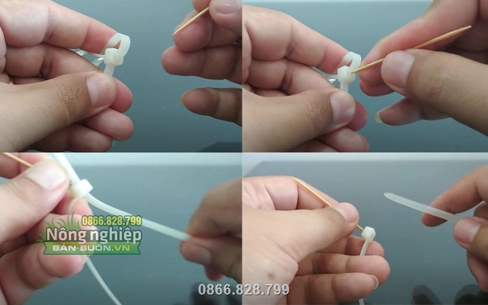 Dùng tăm ấn vào phần lưỡi gà để tháo dây thít Dùng tăm ấn vào phần lưỡi gà để tháo dây thít